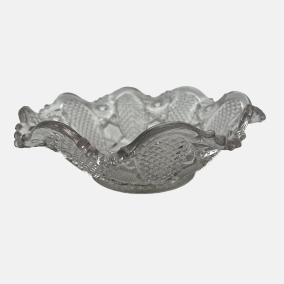 Vintage Clear Pressed Glass Bowl Scalloped Edges Textured Design Stars Sunburst - Picture 5 of 5